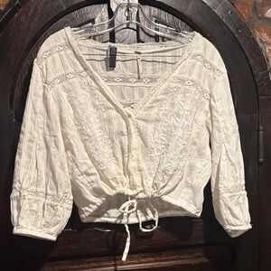 Free People Crop Elegant White Lace Trim Blouse